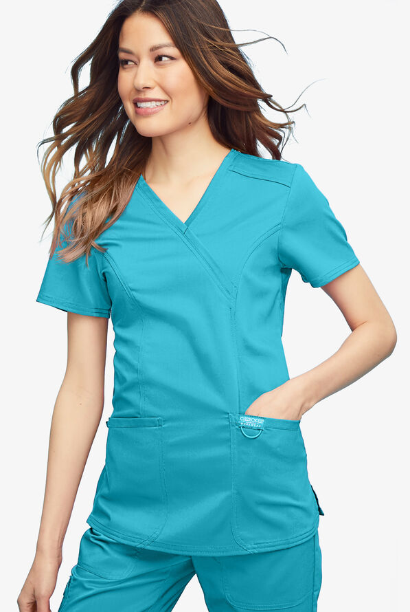 Cherokee Workwear Revolution Women's 2-Pocket STRETCH Mock Wrap Scrub Top - Turquoise - 2