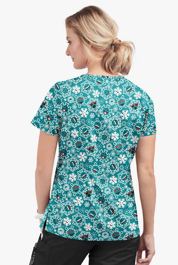 Butter-Soft Smiling Snowflakes Teal Women's 1-Pocket V-Neck Tuck-In Print Scrub Top - null - 3