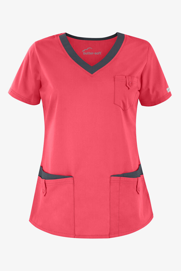 Blusa m&eacute;dica Butter-Soft Core by UA&trade; con cuello en V redondeado y 5 bolsillos para mujer - Rose Dusk/Pewter - 1