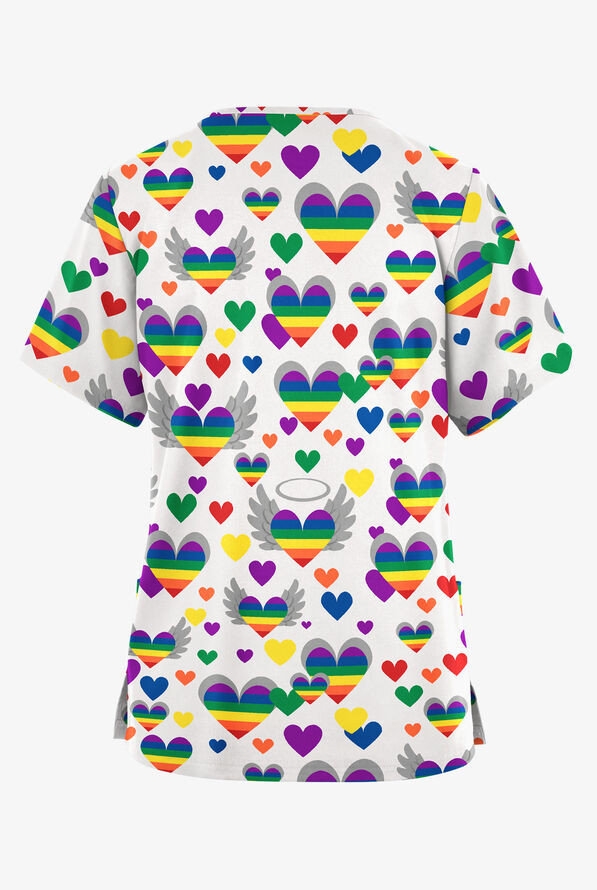 Butter-Soft Originals Free Hearts White Women's 2-Pocket V-Neck Print Scrub Top - null - 2