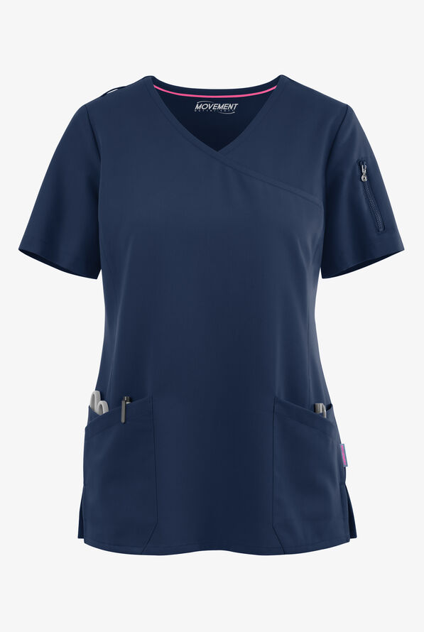 MOVEMENT by Butter-Soft Capella Women's 5-Pocket Faux Wrap STRETCH Scrub Top - Navy - 1
