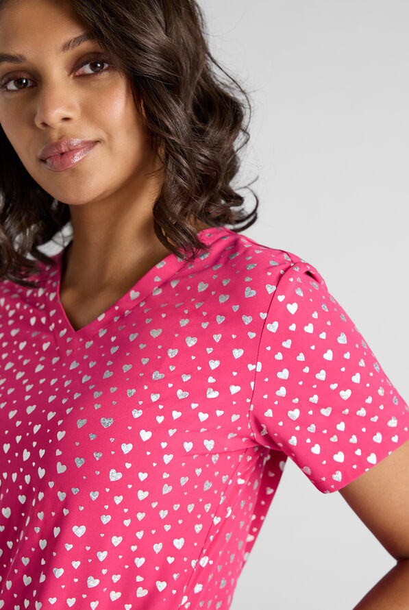 Butter-Soft STRETCH Shining Hearts Fuchsia Women's 2-Pocket V-Neck Print Scrub Top - null - 2