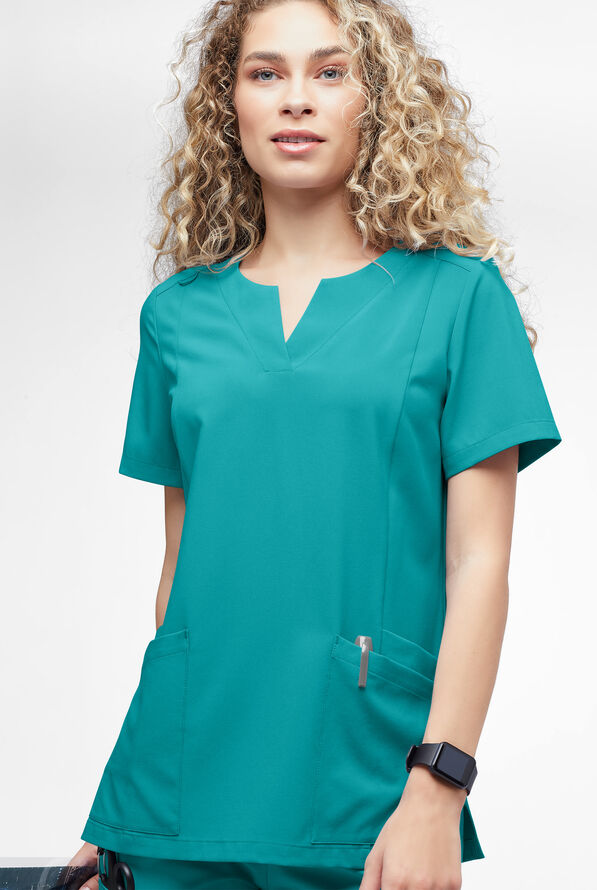 Easy STRETCH Chrisette Women's 4-Pocket with Feminine Neck Detail Scrub Top - Teal - 2