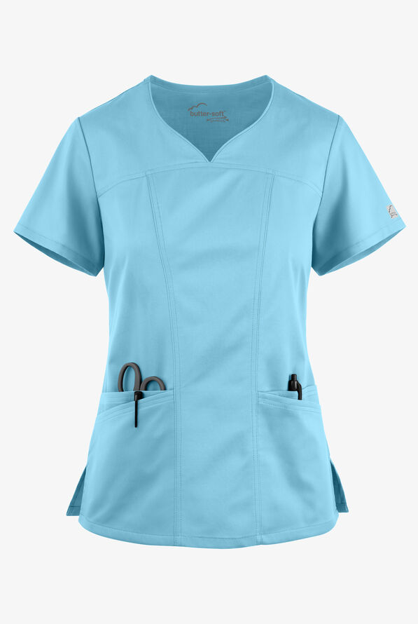 Blusa médica UA Butter-Soft STRETCH con escote corazón y 4 bolsillos para mujer - Poolside View - 1