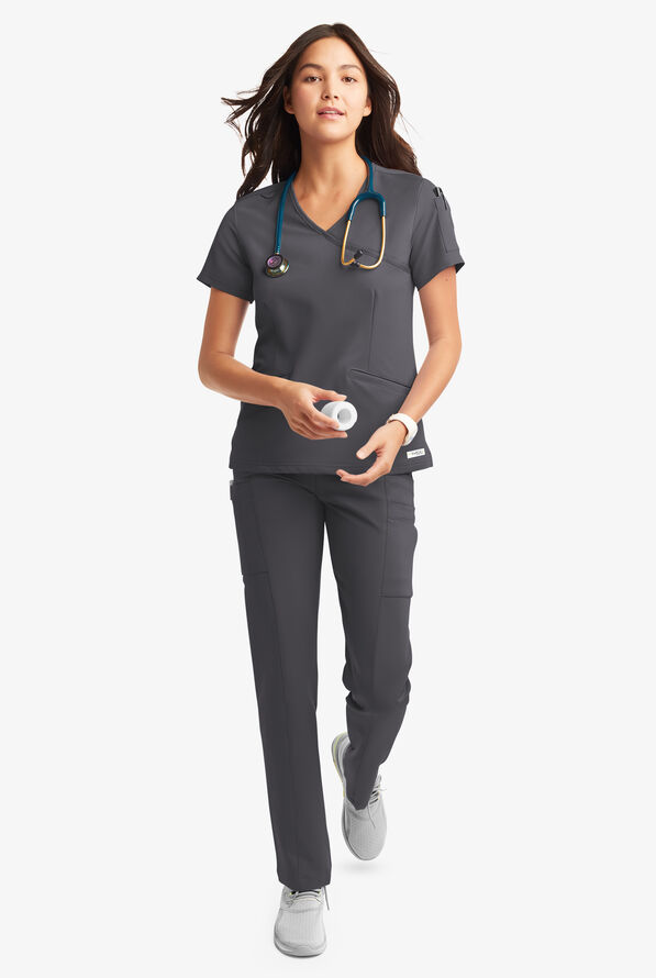 Butter-Soft Women's 5-Pockets Faux Wrap Scrub Top **Slightly IRREGULAR** - Pewter - 1