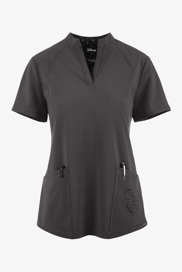 Cherokee Infinity Women's 2-Pocket STRETCH Mickey Laser Cut Mandarin Collar V-Neck Scrub Top - Pewter/Black - 1