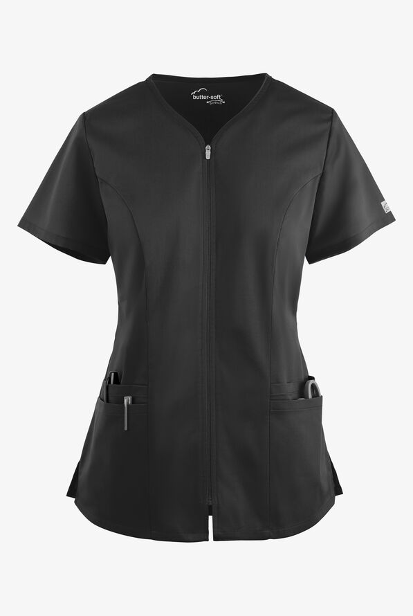 Blusa médica UA Butter-Soft STRETCH con cremallera y 4 bolsillos para mujer - Black - 1