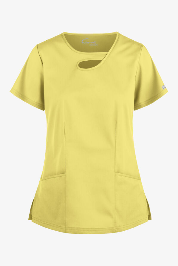 Blusa m&eacute;dica Butter-Soft STRETCH con cuello asim&eacute;trico tipo ojo de cerradura y 2 bolsillos para mujer - Lemon Sherbet - 1