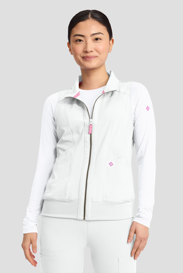 Med Couture Amp Women's 4-Pocket STRETCH Zip Front Removable Hoodie Scrub Vest - White - 2