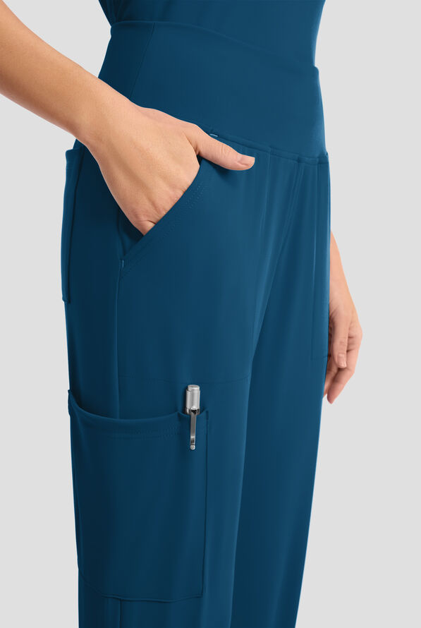 Cherokee Achieve Women's 5-Pocket STRETCH Cargo Jogger Knit Scrub Pants - Petite - Caribbean Blue - 2