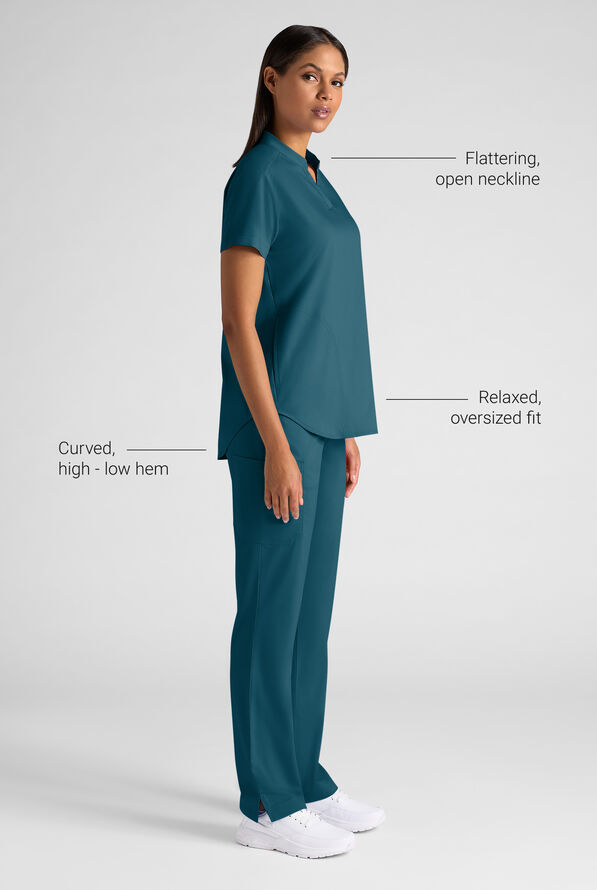 Butter-Soft STRETCH FLXTEK+ Women's 2-Pocket Oversized Henley Scrub Top - Caribbean Blue - 3