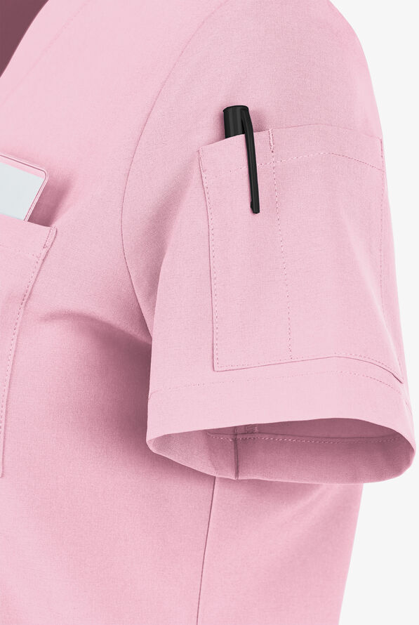 Easy STRETCH Chloe Women's 3-Pocket V-Neck Tuck-In Scrub Top - Pink Peony - 5