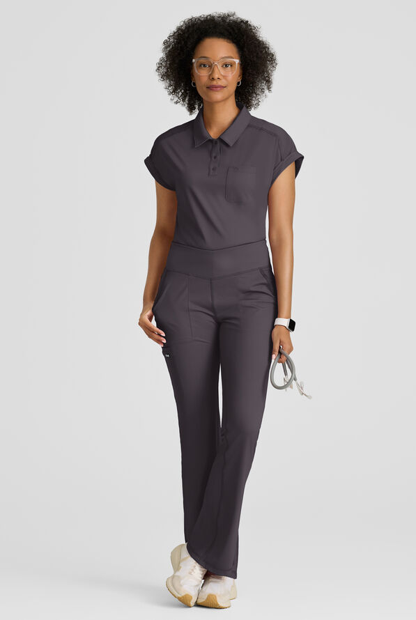 Grey's Anatomy by Barco Knit STRETCH Renew Women's 1-Pocket Dolman Sleeve Polo Scrub Top - Steel Gray - 5