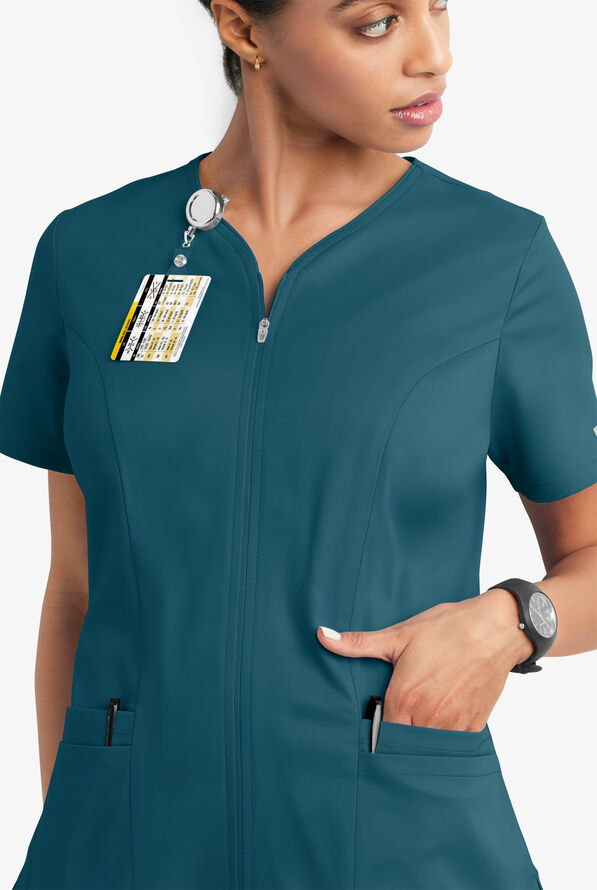 Butter-Soft STRETCH Women's 4-Pocket Smooth Face Zipper Scrub Top - Caribbean Blue - 3