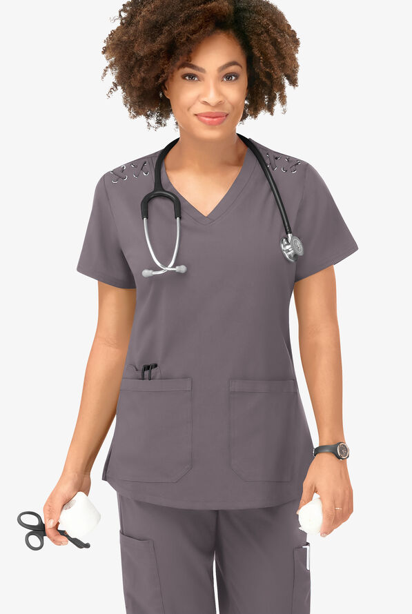 Easy STRETCH Leila Women's 3-Pocket Lace Up Grommet Scrub Top - Grey Stone - 5