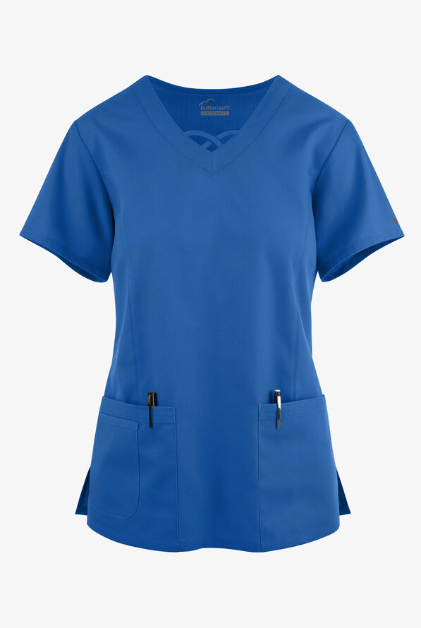 Blusa médica Butter-Soft Originals con cuello entrecruzado y 3 bolsillos para mujer - Royal - 1