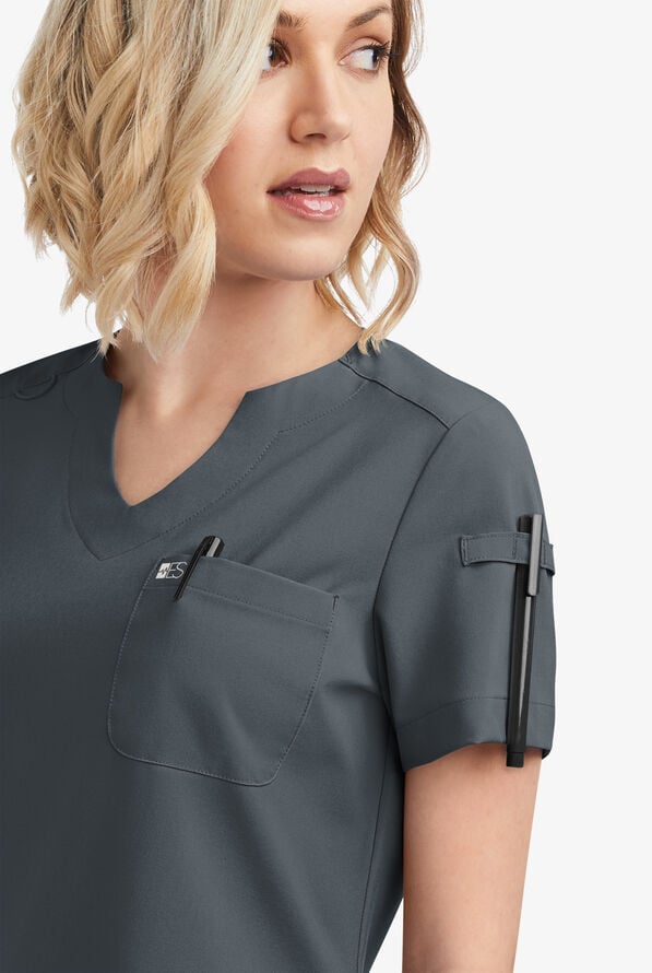 Easy STRETCH Nikki Women's 1-Pocket Scallop Neck Tuck-In Scrub Top - Pewter - 3
