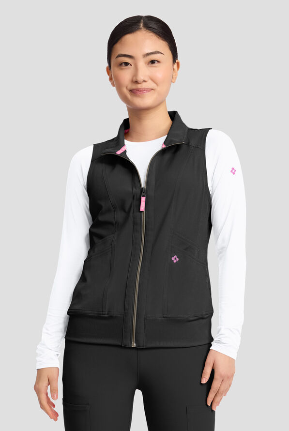 Med Couture Amp Women's 4-Pocket STRETCH Zip Front Removable Hoodie Scrub Vest - Black - 2
