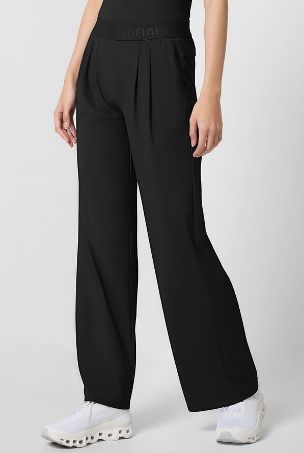 Infinity Pursuit Women's 3-Pocket STRETCH Pull On Pleated Wide Leg Scrub Pant - Black - 1