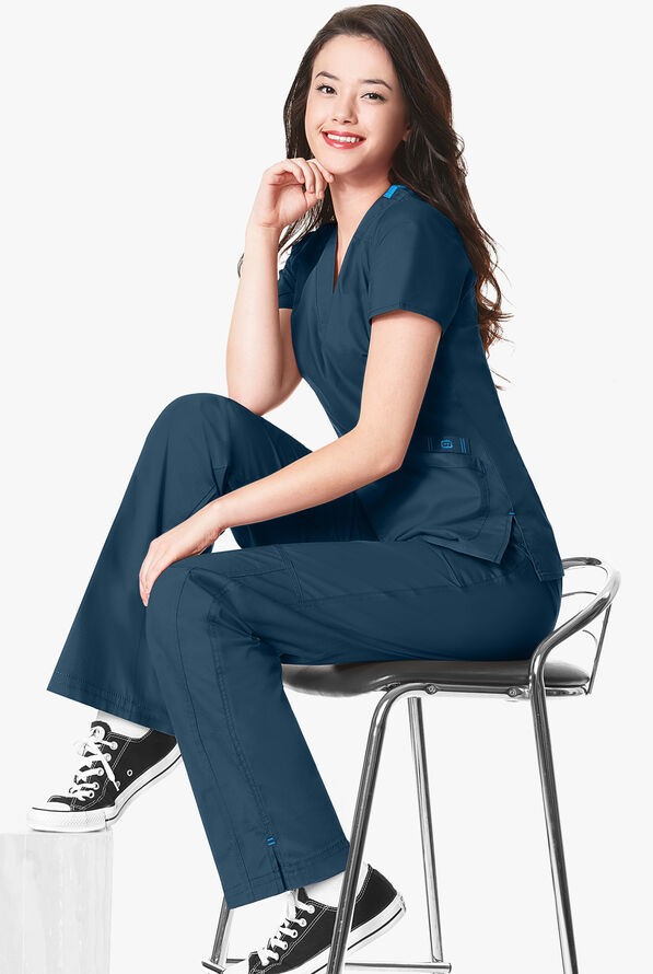 WonderWink WonderFLEX Faith Women's 6-Pocket STRETCH Cotton Rich Boot Cut Cargo Scrub Pants - Tall - Navy/Malibu - 2