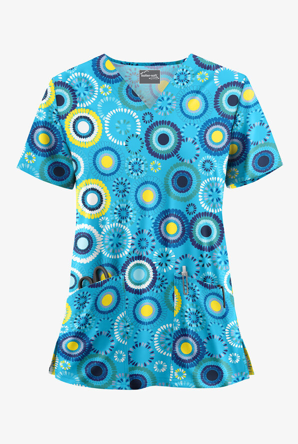 Blusa médica estampada UA Butter-Soft STRETCH Odessa Floral Turquoise con cuello en V y 2 bolsillos para mujer - null - 1