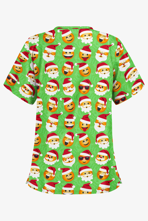 Butter-Soft X-Mas Emojis Grass Green Women's 2-Pocket Relaxed Fit V-Neck Print Scrub Top - null - 2