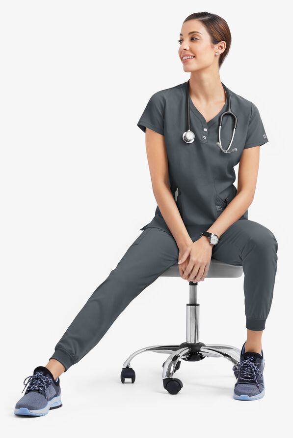 Easy STRETCH Demi Women's 4-Pocket Henley Scrub Top - Pewter - 6