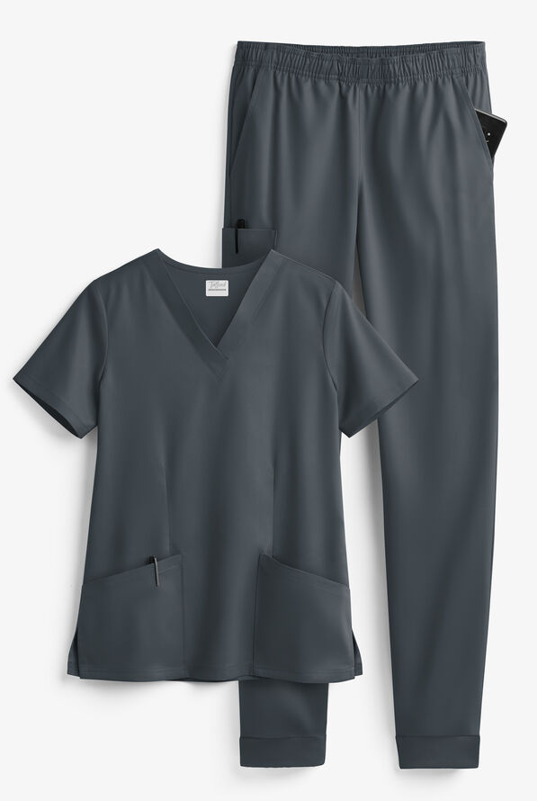 Tafford Active STRETCH Women's 5-Pocket Jogger Scrub Set - Pewter - 1