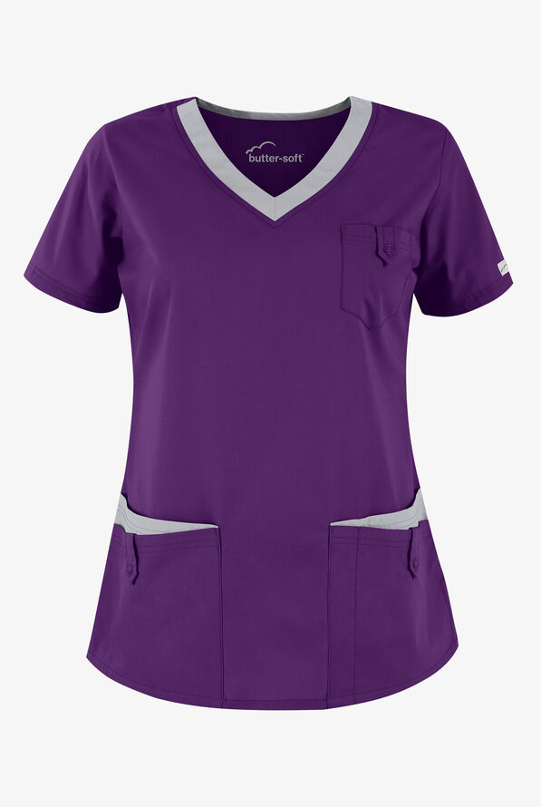 Butter-Soft Core Women's 5-Pocket Rounded V-Neck Scrub Top - Eggplant/Silver - 1