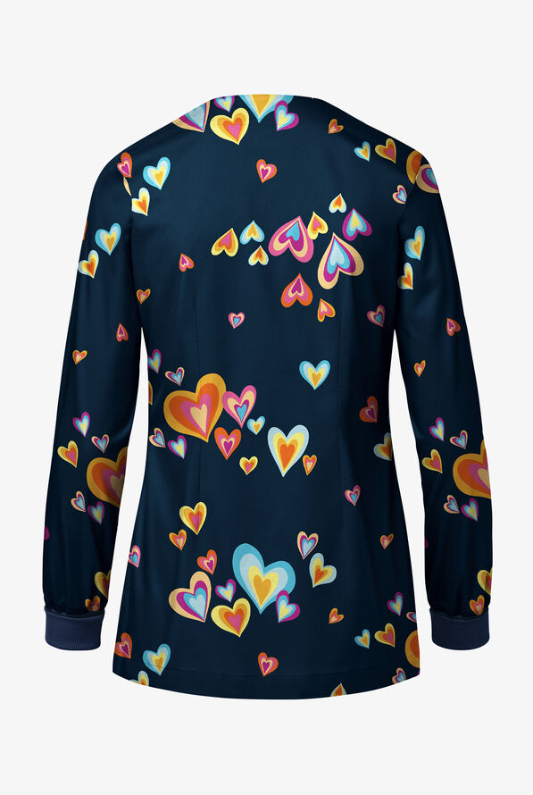 Butter-Soft STRETCH Pop Heart Navy Women's Printed Long Sleeve Snap Front Jacket - null - 2