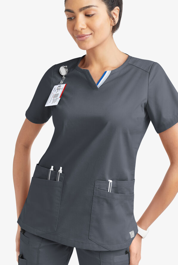 Butter-Soft STRETCH Women's 6-Pocket Short Sleeve Notch Placket with Sport Trim Detail Scrub Top - Pewter - 2