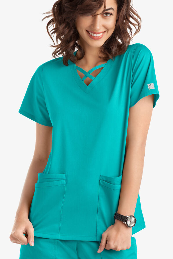 Butter-Soft STRETCH Women's 4-Pocket Crisscross Scrub Top - Bright Teal - 2