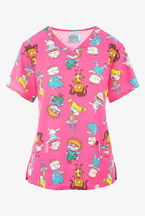 Rugrats Character Toss Women's 2Pocket STRETCH VNeck Print Scrub Top