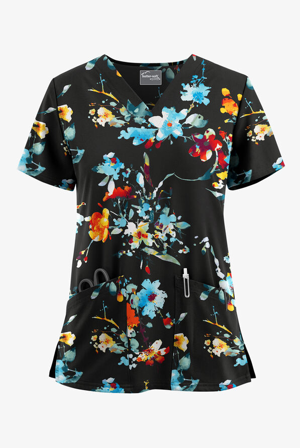 Butter-Soft STRETCH Abstract Garden Black Women's 2-Pocket V-Neck Print Scrub Top - null - 1