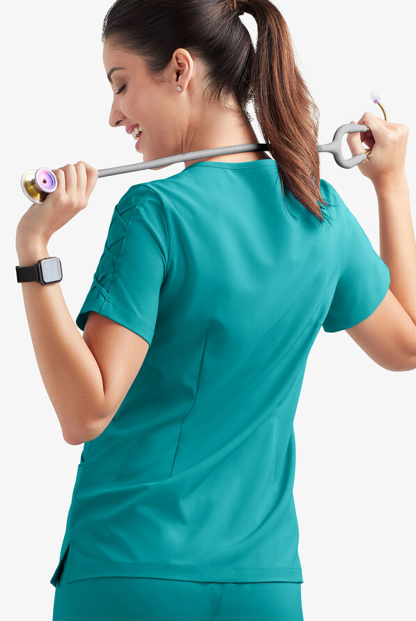 Easy STRETCH Kylie Woman's 5 Pocket V-Neck With Criss-Cross Detail Scrub Top - Teal - 4