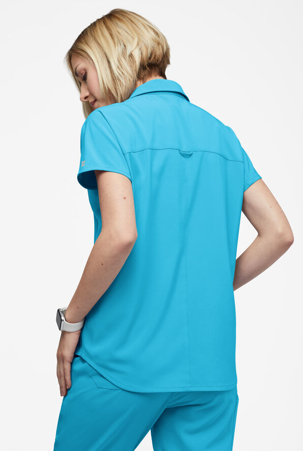 Easy STRETCH LEA Women's 3-Pocket Polo Collar Scrub Top - Turquoise - 4