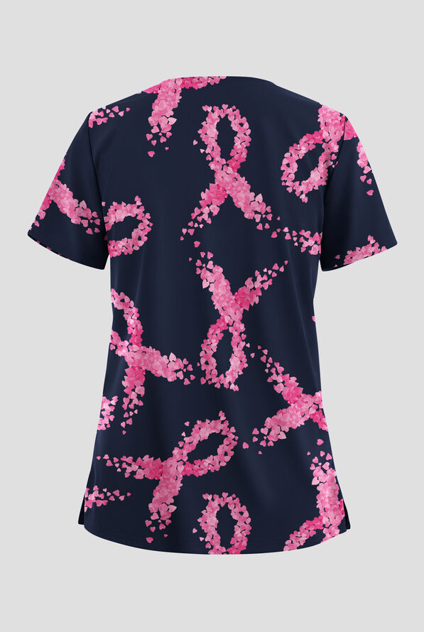 Butter-Soft STRETCH Heart Full Of Life Navy Women's 2-Pocket V-Neck Print Scrub Top - null - 2