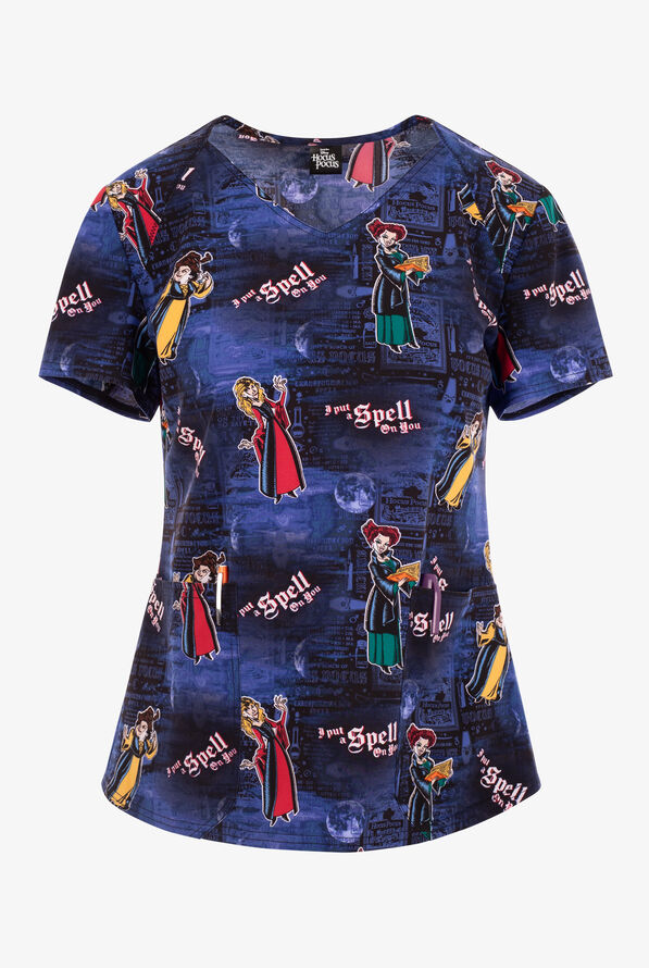 Tooniforms Disney's Hocus Pocus Spell Casters Women's 2-Pocket STRETCH V-Neck Print Scrub Top - null - 1