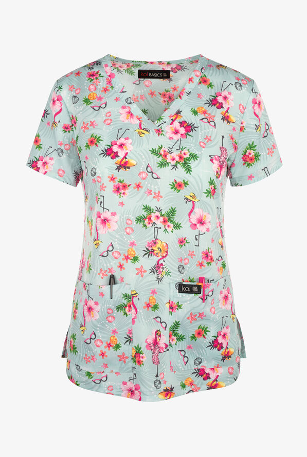 koi Basics Summer Flamingo Women's 2-Pocket STRETCH V-Neck Print Scrub Top - null - 1
