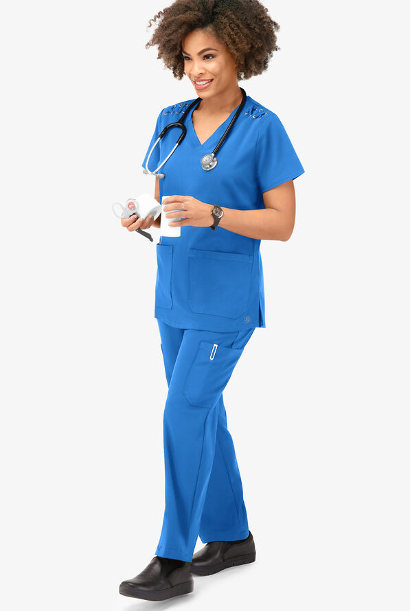 Blusa m&eacute;dica Easy STRETCH Leila con ojales con lazos y 3 bolsillos para mujer - Cerulean - 6