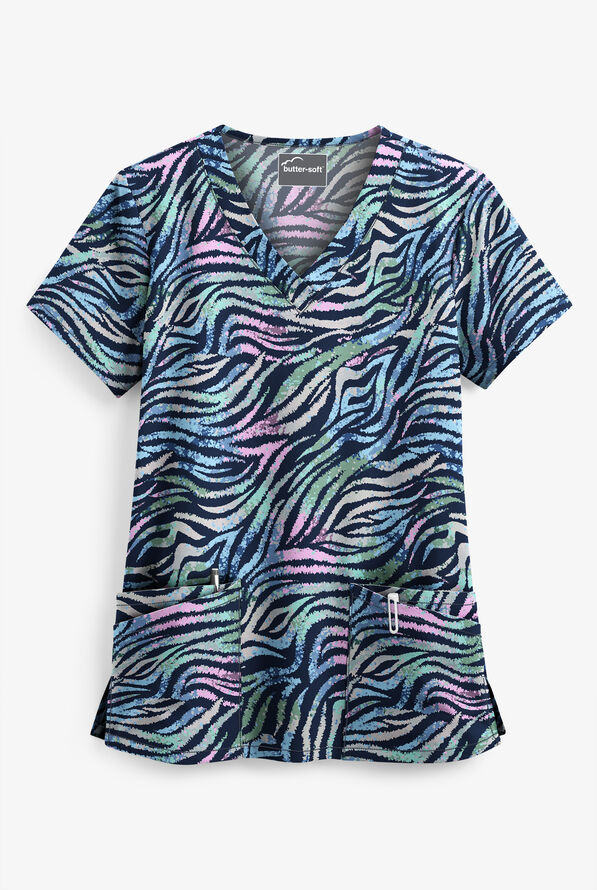 Butter-Soft Watercolor Zebra Navy Women's 4-Pocket Rounded V-Neck Print Scrub Top - null - 1