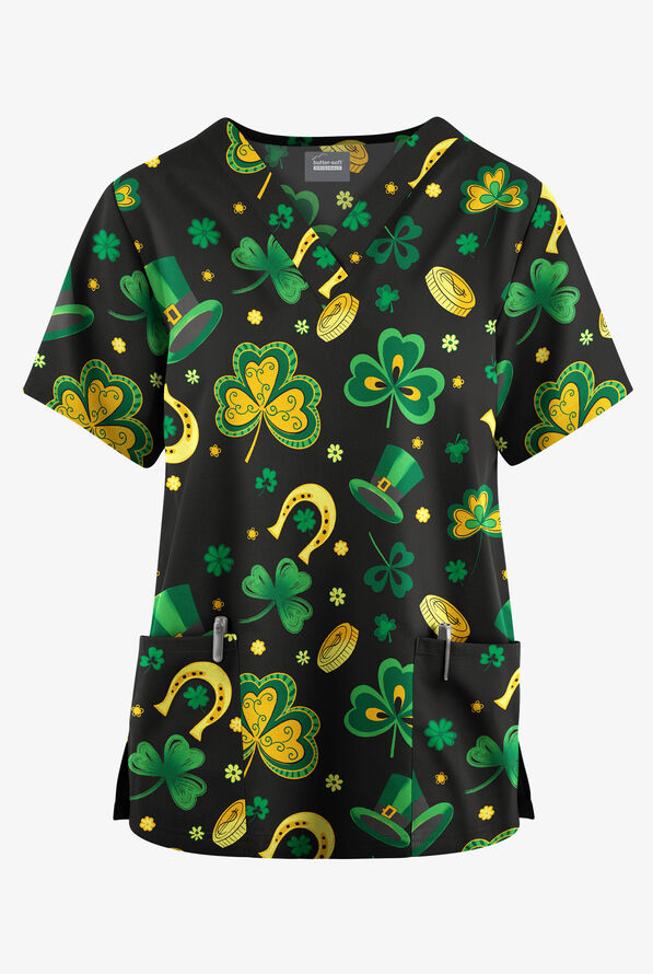 Butter-Soft Originals Luck Of The Irish Black Women's 2-Pocket V-Neck Print Scrub Top - null - 1