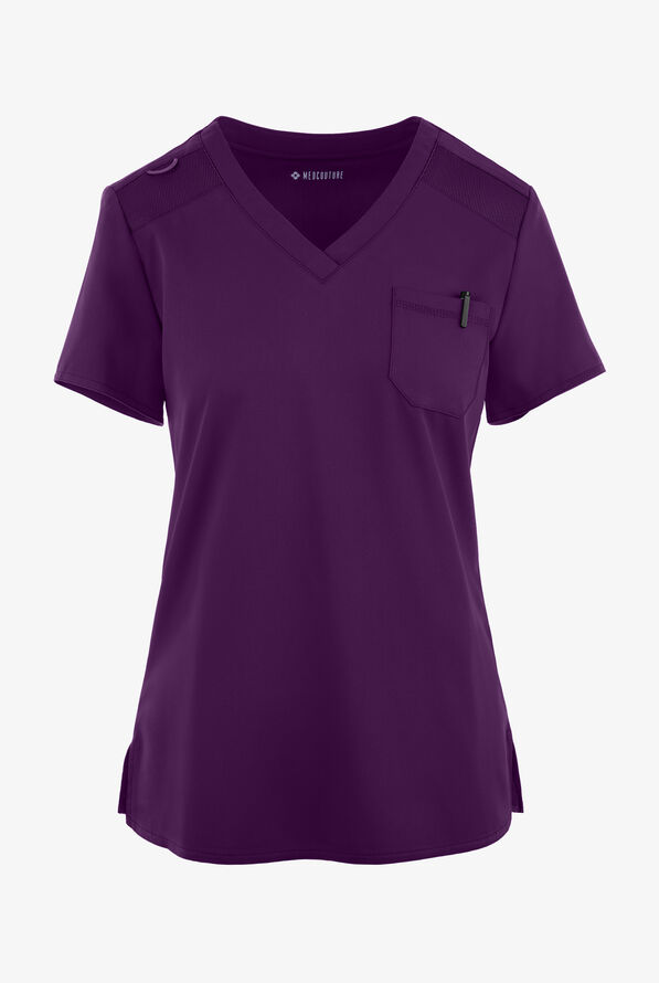 Med Couture Touch Women's 1-Pocket STRETCH Tuck In V-Neck Scrub Top - Eggplant - 1