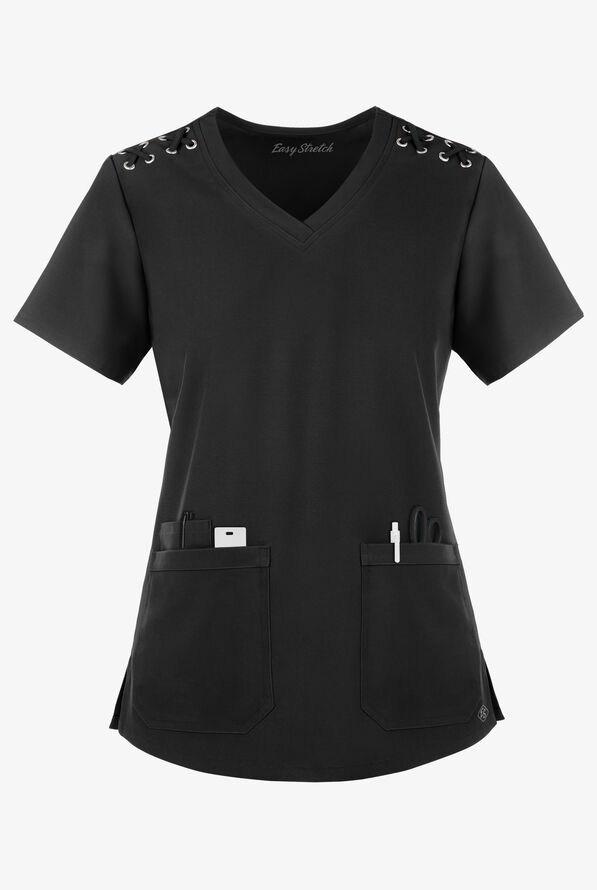 Blusa médica Easy STRETCH Leila con ojales y lazos para mujer - Onyx Black - 1