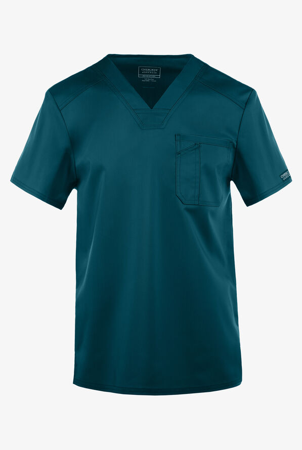 Cherokee Workwear Revolution Men's 1-Pocket STRETCH V-Neck Scrub Top - Caribbean Blue - 1