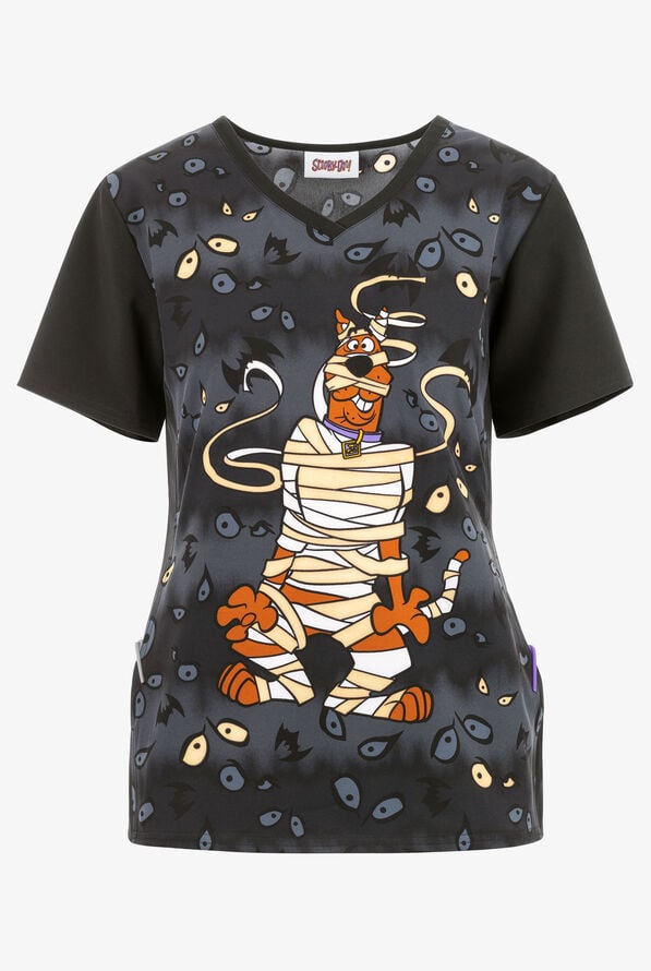 Tooniforms Under Wraps Scooby Doo Halloween Women's 1-Pocket V-Neck STRETCH Print Scrub Top - null - 1