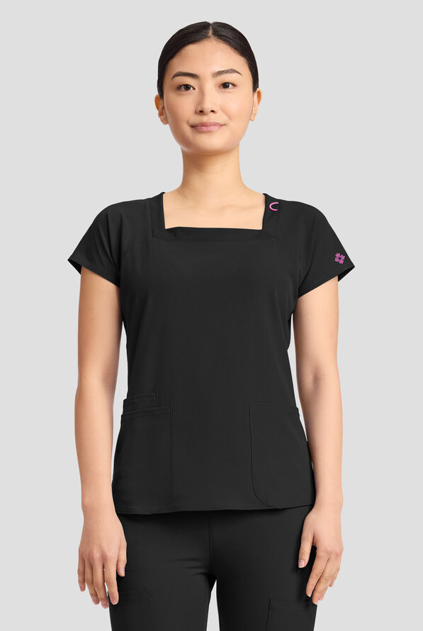 Med Couture Amp Women's 3-Pocket STRETCH Raglan Sleeve Square Neck Scrub Top - Black - 3