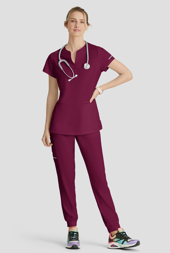 Blusa m&eacute;dica Skechers by Barco Coast STRETCH con tapeta en el cuello en V y 2 bolsillos para mujer - Wine - 5