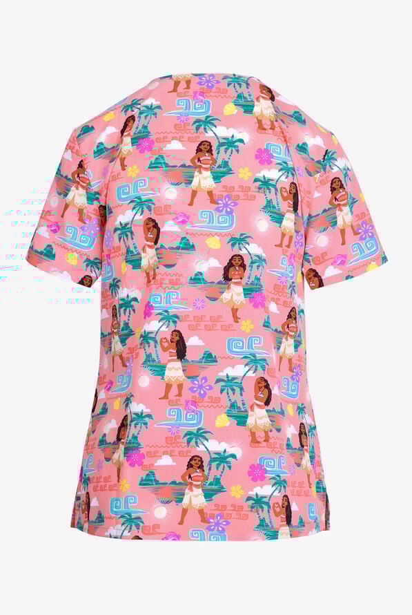 Tooniforms Disney's Moana The Sea Is Calling Women's 2-Pocket STRETCH V-Neck Print Scrub Top - null - 2