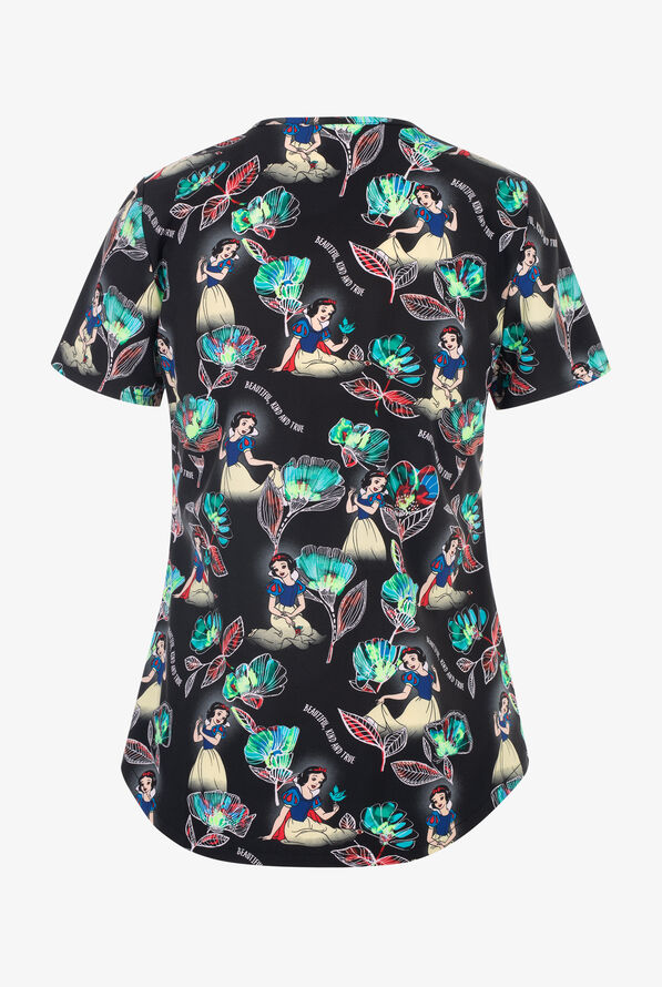 Tooniforms Disney's Snow White Kind and True Women's 2-Pocket STRETCH V-Neck Print Scrub Top - null - 2